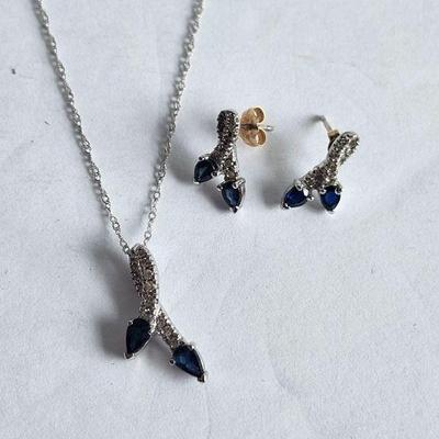 White Gold Diamond & Sapphire Earrings and Necklace Set