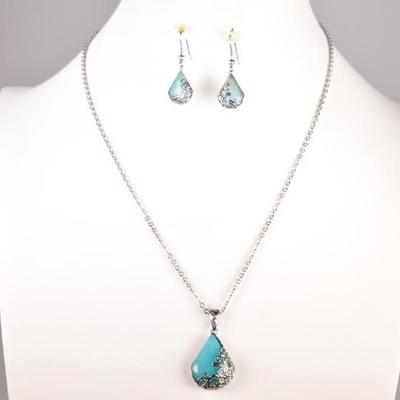 Blue Stone Floral Filigree Necklace & Earrings Set