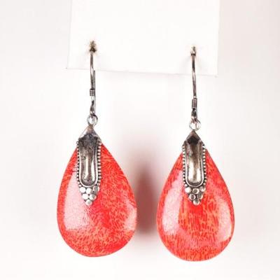 925 Sterling Silver & Red Sponge Coral Teardrop Earrings