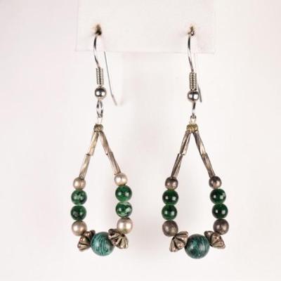 Silver Tone & Green Beaded Loop Earrings
