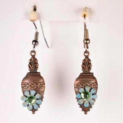 Embossed Copper Tone Earrings w/Blue Flower