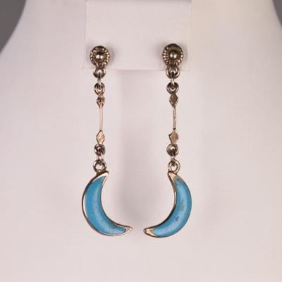 Blue Enameled Crescent Dangle Earrings