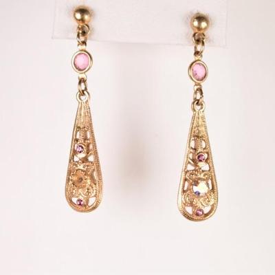 Gold Tone Pink & Iridescent Stones Teardrop Earrings