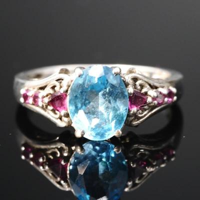 925 Sterling Silver w/Faceted Blue & Pink Gemstones Ring 