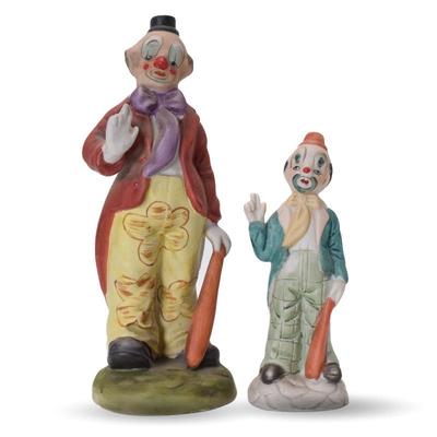 Pair Of Vintage Enesco Porcelain Clown Figurines Holding Bats