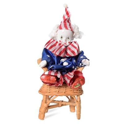 Vintage Miniature Clown Doll On A Wicker Style Chair