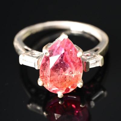 925 Sterling Silver & Large Faceted Pink Teardrop Gemstone Ring