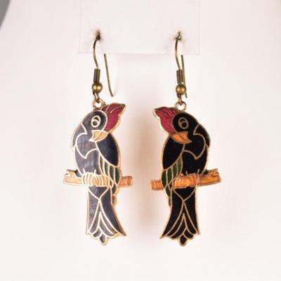 Enameled Cloisonne Black Parrot Earrings