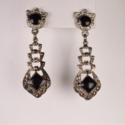 Marcasite & Black Enamel Post Drop Earrings