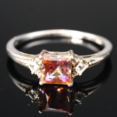 925 Sterling Silver & Iridescent Simulated Peach Sapphire Ring