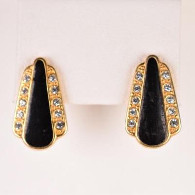 Black Enamel & Multi Gemstone Gold Tone Earrings