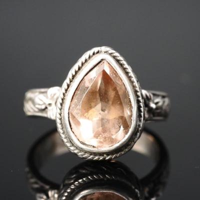 925 Sterling Silver & Peach Morganite Teardrop Ring