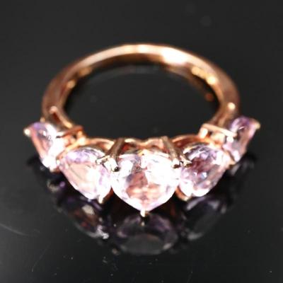 925 Sterling Silver Copper Plated w/5 Faceted Amethyst Hearts Ring