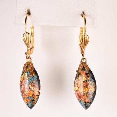 Gold & Copper Leaf w/Turquoise Inlay Resin Earrings