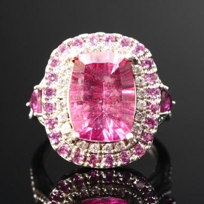 925 Sterling Silver & Faceted Pink Gemstones Ring