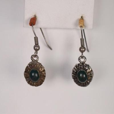 Dark Green Stone Etched Dangle Earrings