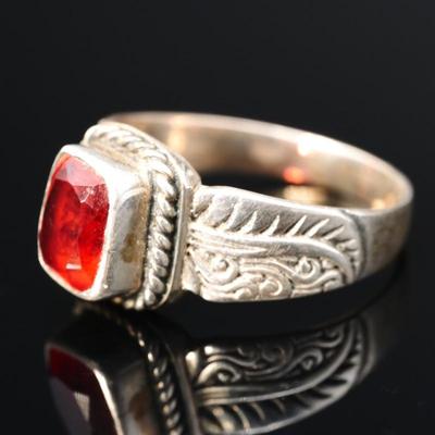 925 Sterling Silver & Faceted Red Gemstone Ring