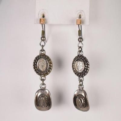 SW 94 Silver Tone Lasso & Cowboy Hats Dangle Earrings