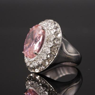 Large Faceted Simulated Pink Tourmaline Halo Ring