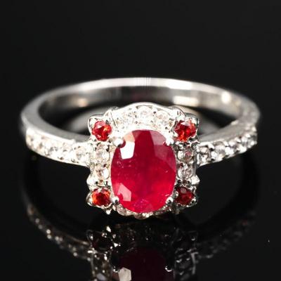 925 Sterling Silver w/Red & Clear Gemstones Ring