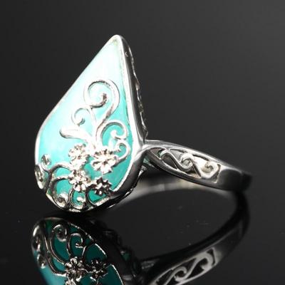 Teal Stone Floral Filigree Ring 