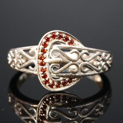 925 Sterling Silver & Orange Garnet Openwork Ring