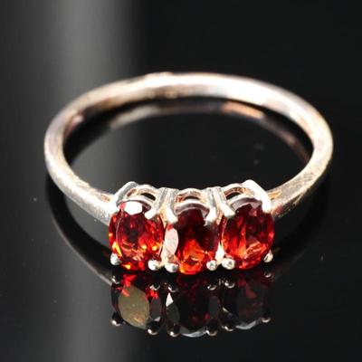 925 Sterling Silver & 3 Stone Faceted Ruby Ring Size