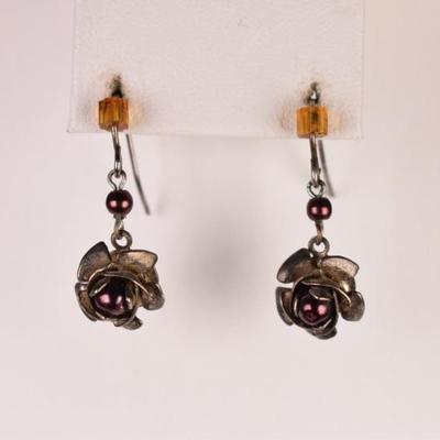 Silver Tone Purple Bead Flower Earrings
