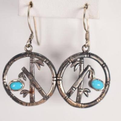 925 Sterling Silver Bamboo & Blue Stone Earrings
