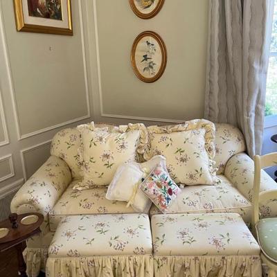 YELLOW FLORAL PRINT COUCH AND OTTOMANS