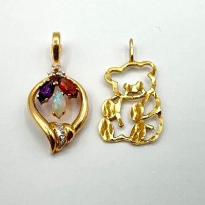 #704 • 14K Gold Pendants w/ Semi-Precious Stones & Diamond. 3.05g
