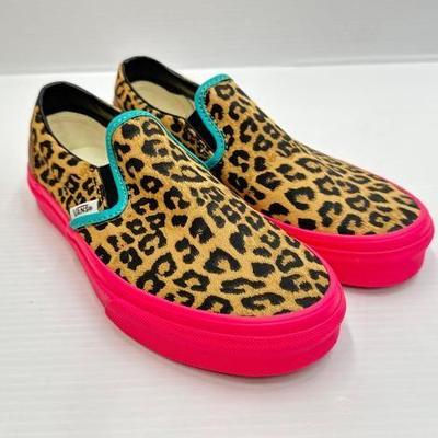 #1802 • Cheetah Print Slip On Vans With Neon Pink Soles
