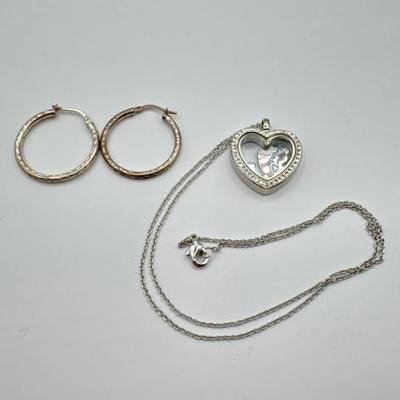#1004 • Necklace with Heart Pendant with Charms & Sterling Silver Hoop Earrings
