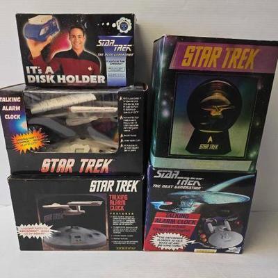 #8210 • (3) Star Trek Talking Alarm Clocks, (1) Star Trek Lighted Star Globe, and (1) Star Trek It's a Disk Holder
