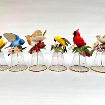 #1852 • (6) Franklin Mint Porcelain/Crystal Bird on Bell with 24K Trim
