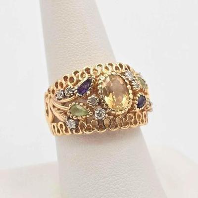 #734 • 14K Gold Ring with Diamond, Amethyst, Jadeite & Nephrite, 8.02g
