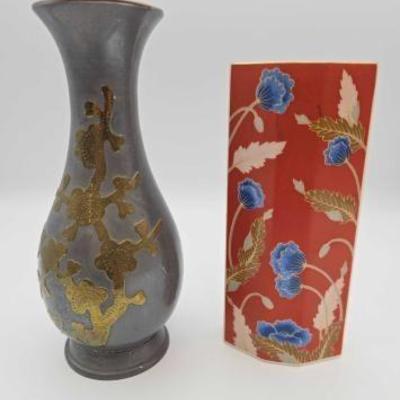 #1838 • (2) Vintage Pewter with Brass Overlay Vase & Vintage Elan Takahashi Porcelain Vase
