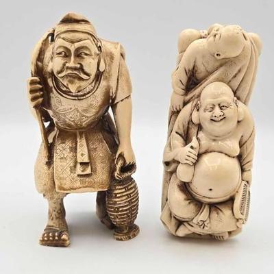 #1804 • (2) Japanese Carved Bone Netsuke Figurines
