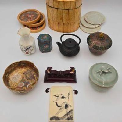 #1836 • Antique Chinese Cloisonne Bowl, Japanese Millie Fleur Satsuma Bowl, Mini Cast Iron Kettle and more

