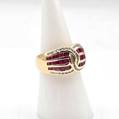 #706 • 14K Gold Ring with Diamonds and Rows of Rubies, 7.05g
