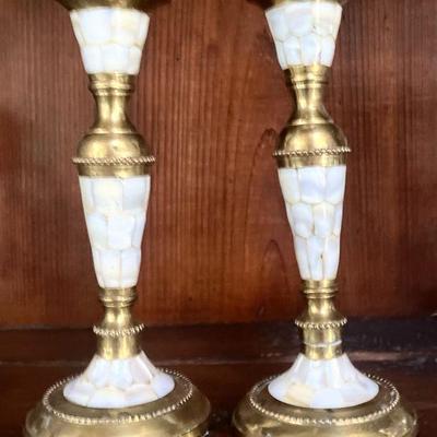 Unique Pair of Brass & Mother of Pearl Candlesticks
