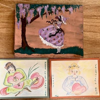 THREE (3) Hand Crafted Pieces, 2 Cards and1 Painted Tin Box
