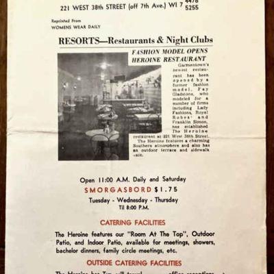 Old Menu from 'THE HEROINE" Restaurant, NYC
