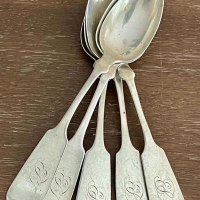 5 Antique Coin Silver 6 Inch Teaspoons Initialed - 80 Grams 