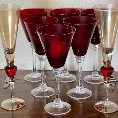 (6) Pier One Ribbed Ruby Hand Blow 10 Inch Wine Glass & (2)  Amber Luster Red 11.5 Inch Champagne Flutes 
