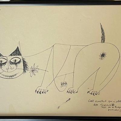 Original Joze Ciuha Pen Sketch Cat Created For Linnea Me On A Happy Sunday In March Framed 10" X 14"