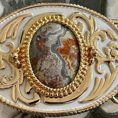 Vintage Belt Buckle White Enamel - Agate Cabochon & Gold Tone Design - Made In USA