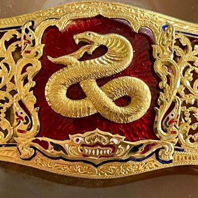90 Percent Gold Stamped Cobra Buckle With Red And Blue Enamel 18K - 22K Gold - Total Weight 43.4 Grams