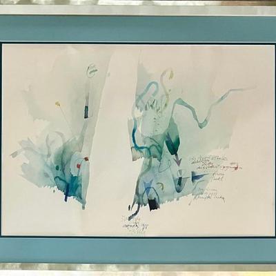 Original Joze Ciuha Watercolor 1988 Poeme George Trakl Quote To Linnea In Silver Tone Frame
