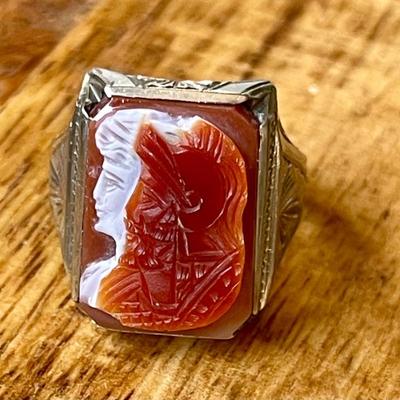 Vintage 1936 10K Gold Intaglio Roman Soldier Ring Size - 9 - Total Weight 7.3 Grams 